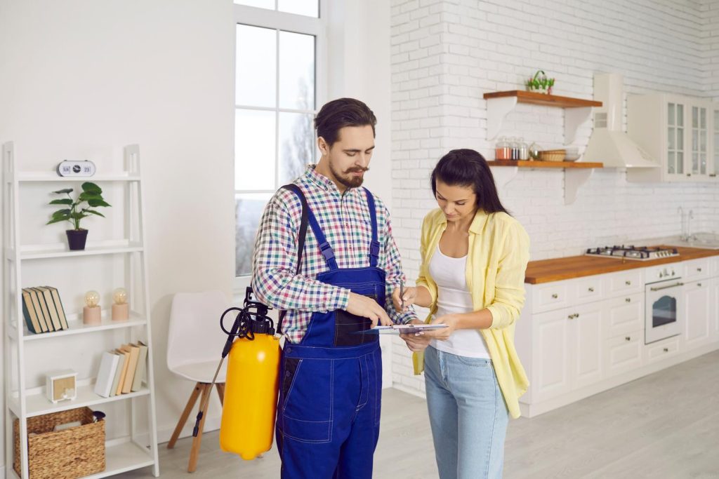 Man and woman discussing pest inspection report