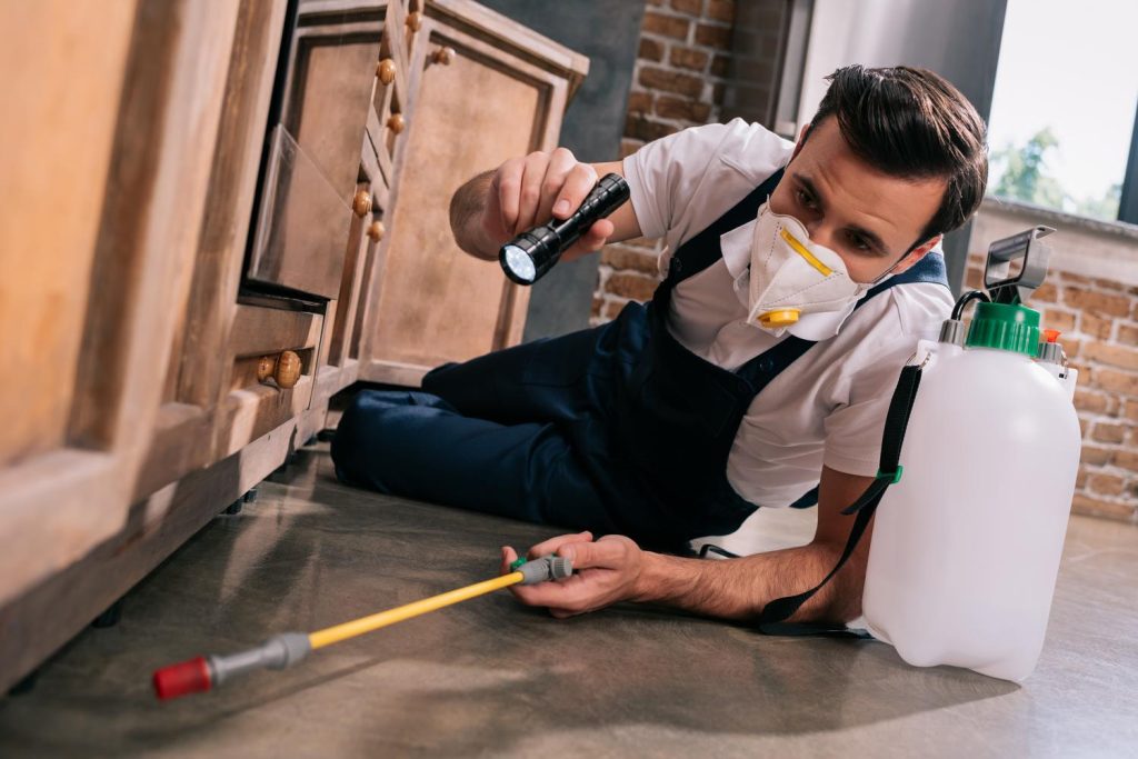 Man with a mask and flashlight doing pest control
