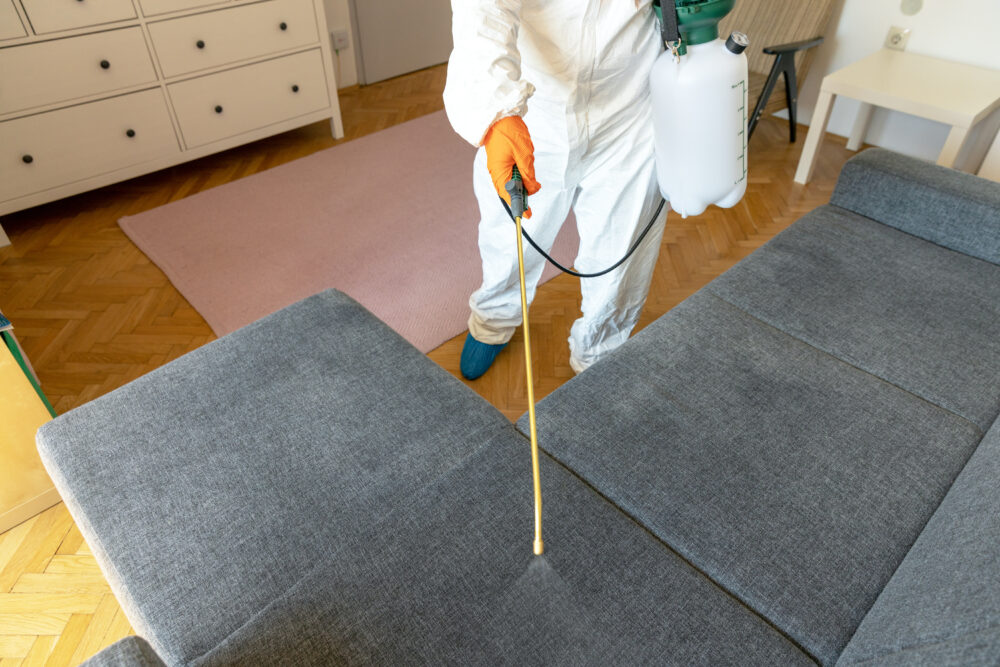 person in protective suit with decontamination sprayer bottle disinfecting household and furniture