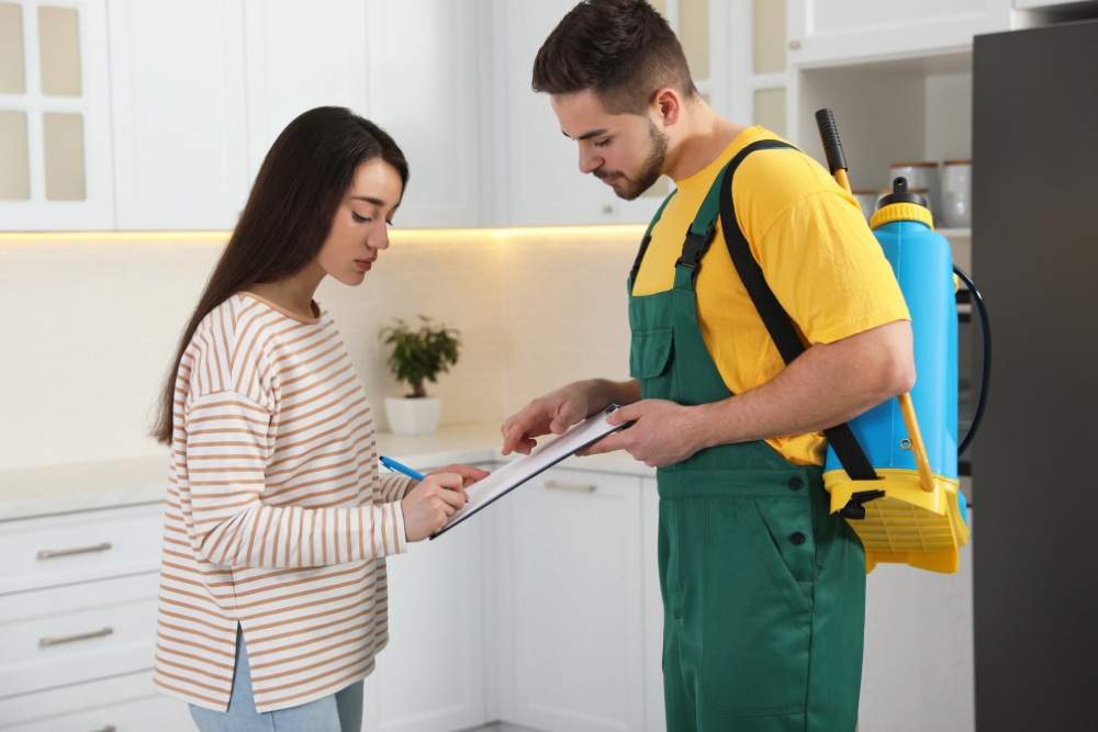 a woman signing a contract for professional pest inspection